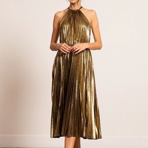 Lucy Paris Christina Gold Pleated Halter Midi Cocktail Dress